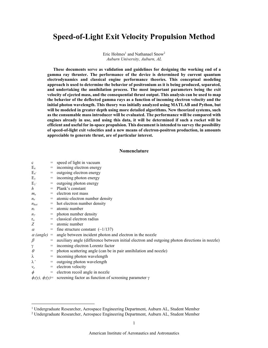 First page of the 2017 paper Speed-of-Light Exit Velocity Propulsion Method